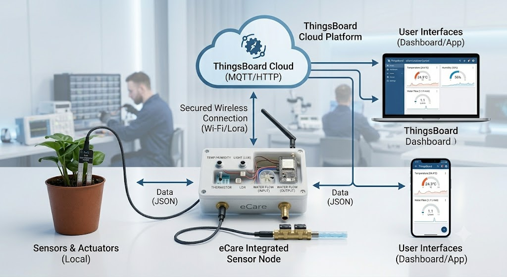 eCare system architecture from sensors through ThingsBoard to web and mobile dashboards